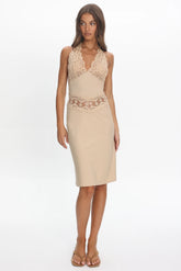 LIONESS Solana Midi Dress Beige Plaid