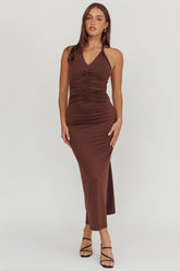 Mixed Feelings Ruched Bodice Halter Maxi Dress Chocolate