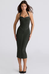 emerald halter neck bandage midi dress