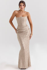 pale gold chiffon mesh strapless corset maxi dress