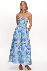 Skyler Tied Shoulder Maxi Dress Print Blue