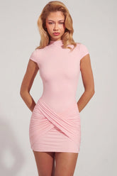Jersey Turtleneck Ruched Backless Mini Dress in Pink