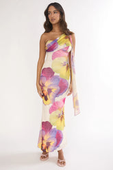 Tallis One-Shoulder Asymmetric Neckline Dress Beige