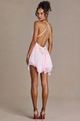 Chiffon Plunge-Neck Open-Back Mini Dress in Baby Pink