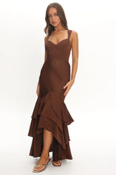 Baylin Layered Mermaid Hem Maxi Dress Coffee