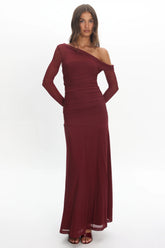 Lylah Asymmetric Neckline Long Sleeve Maxi Dress Mesh Chocolate