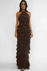 Kaelia Tiered Halter Maxi Dress Sparkle Brown
