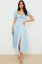 blue ivory floral puff sleeve midi dress