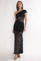 Gala One-Shoulder Maxi Dress Lace Black