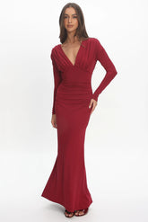 Gilded Long Sleeve Ruched Maxi Dress Wine