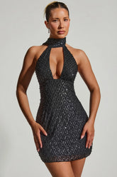 Embellished Scarf-Detail Halterneck Mini Dress in Black