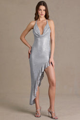 Embellished Plunge Asymmetric Maxi Dress in Silver