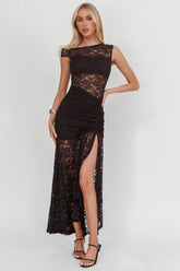 Moonlit Magic Asymmetric Neckline Lace Maxi Dress Black