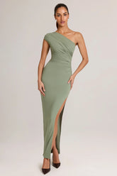Modal Asymmetric Ruched Maxi Dress in Sage Green