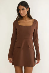 Calenne Long Sleeve Faux Pocket Mini Dress Coffee