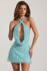 Embellished Cowl-Neck Backless Mini Dress in Aqua Blue