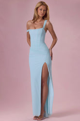 Mesh Draped Corset Gown in Light Aqua