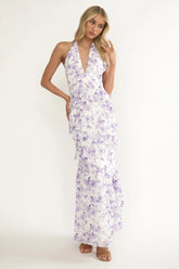 Cipriana Frill Trim Halter Maxi Dress Floral Purple