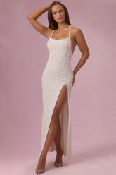 Embellished Square Neck Maxi Dress in Ivory