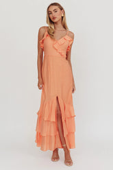 Silvana Frill Trim Split Maxi Dress Orange