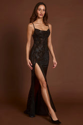 Embellished Peekaboo Cowl-Neck Dress in Brown Snake