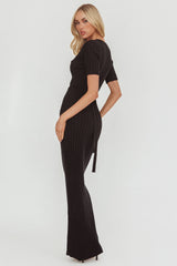 Faylen Waist Tie Ribbed Knit Maxi Dress Black