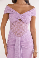 Kamilah Ruched Lace Maxi Dress Lilac