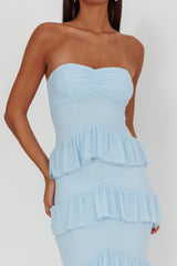Dulce Dreams Sweetheart Neckline Frill Maxi Dress Blue