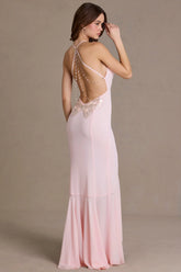 Chiffon Cowl-Neck Open-Back Gown in Baby Pink