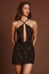Embellished Halterneck Cowl A-line Mini Dress in Brown Snake