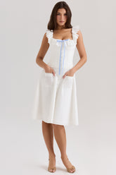 white cotton broderie anglaise trim midi dress