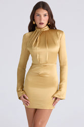 gold long sleeve satin mini dress
