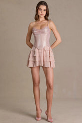 Embellished Corset Mini Dress in Beige Gold