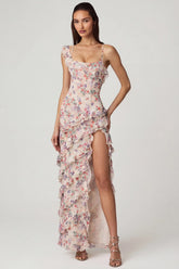 Asymmetric Ruffled Lace-Up Gown in Primrose Floral Print