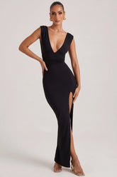 High Split Plunge Neck Maxi Dress in Black