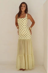 TILLIE SHEER BOTTOM MAXI DRESS - LEMON/CHOC POLKA