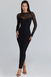 black lace long sleeved corset maxi dress