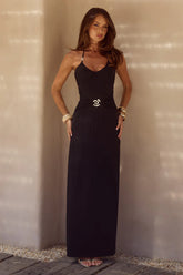 NINA RUCHED HALTER MAXI DRESS - BLACK