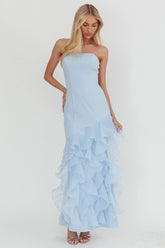 Kioto Strapless Organza Trim Maxi Dress Blue