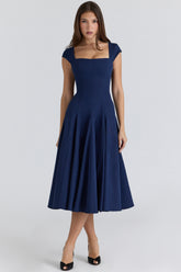 navy lace back twill midi dress
