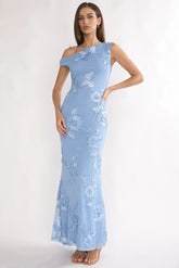 Moonlit Magic Asymmetric Neckline Embellished Maxi Dress Blue