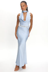 Scotlyn Applique Trim Halter Maxi Dress Blue