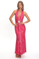 Shanna Plunging Halterneck Maxi Dress Fuchsia
