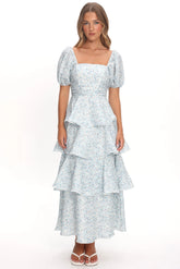 Giavana Puff Sleeve Layered Maxi Dress Floral Blue