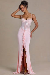 Embellished Lace Corset Gown in Baby Pink