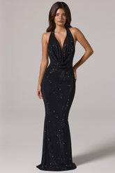 Embellished Cowl-Neck Backless Gown in Black