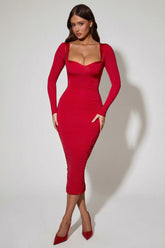 Layered Bra-Detail Ruched Midaxi Dress in Red