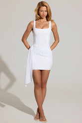 Embellished Draped Mini Dress in White