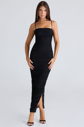 black gathered stretch mesh maxi dress
