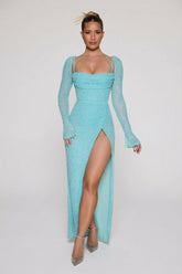 Embellished Cowl Neck Maxi Dress in Aqua